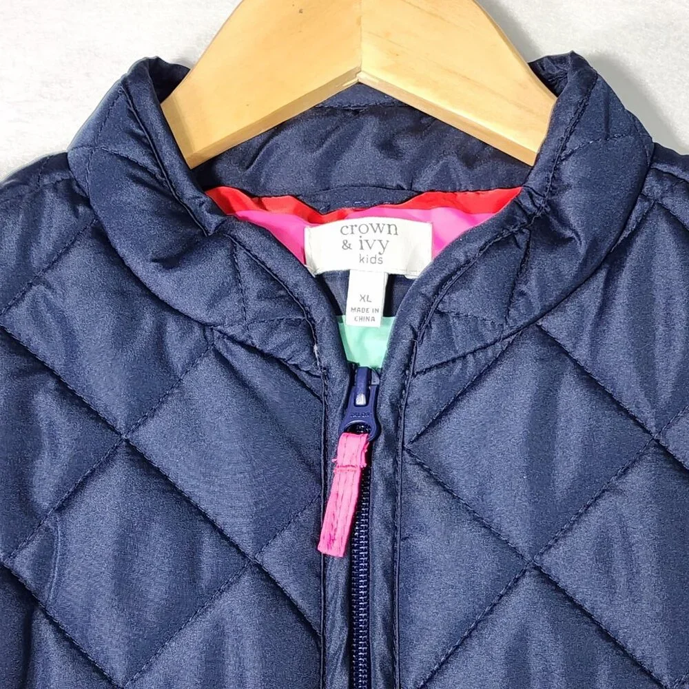 Crown & Ivy Kids Girl Quilted Vest XL Navy Preppy Pockets Full‎ Zip Trendy Belk